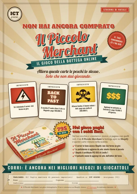 Locandina verticale: Non hai ancora comprato Il Piccolo Merchant? Allora queste carte le peschi lo stesso, solo che non stai giocando. Le quattro carte imprevisto e la scatola a 79 dollari al mese.