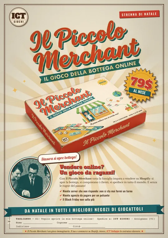 Locandina verticale del Piccolo Merchant: la scatola, il bollino 79 dollari al mese, Vendere online? Un gioco da ragazzi! e il tagliando da ritagliare in fondo.