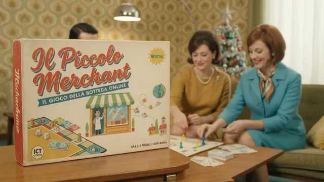 La scatola del Piccolo Merchant in primo piano sul tavolino, mentre due amiche muovono le pedine sul tabellone.