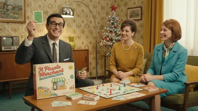 Il giocatore con gli occhiali alza una carta verde accanto alla scatola del Piccolo Merchant, davanti all'albero di Natale, tra due amiche sorridenti.