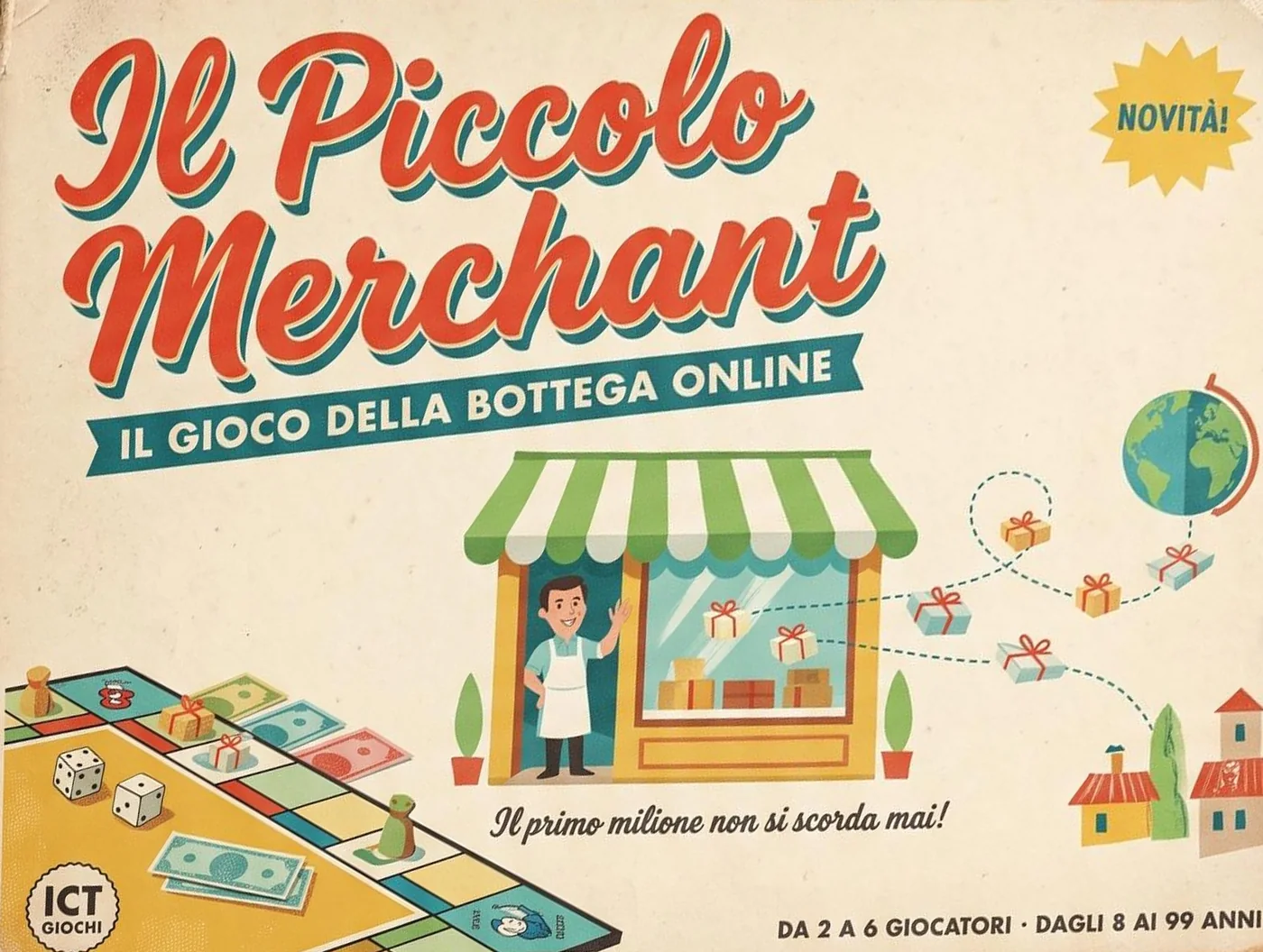 Il coperchio della scatola del Piccolo Merchant: la bottega con la tenda a righe che spedisce pacchi in tutto il mondo, il tabellone con i dadi, Il primo milione non si scorda mai!