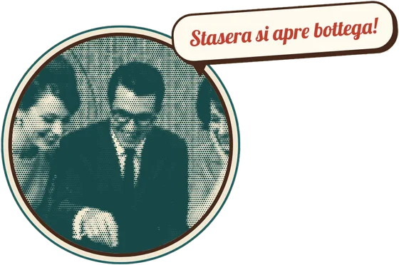 Una coppia anni Sessanta in foto a mezzatinta, con il fumetto: stasera si apre bottega!